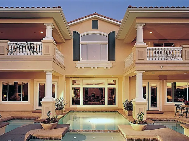 Mediterranean elevation with windows and doors to the pool terrace