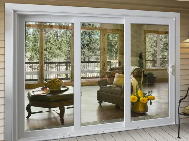 White vinyl horizontal slider window on a deck wall