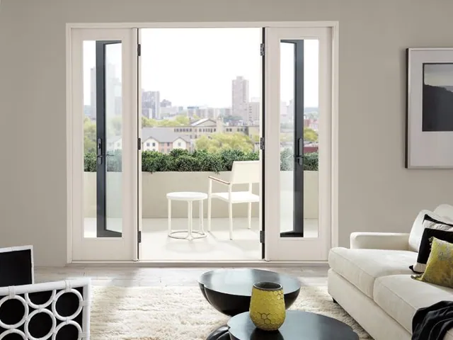 French door with sidelites onto a city-view terrace