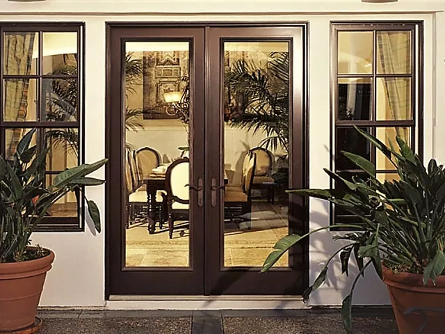 Dark-framed French doors viewed from a planted patio