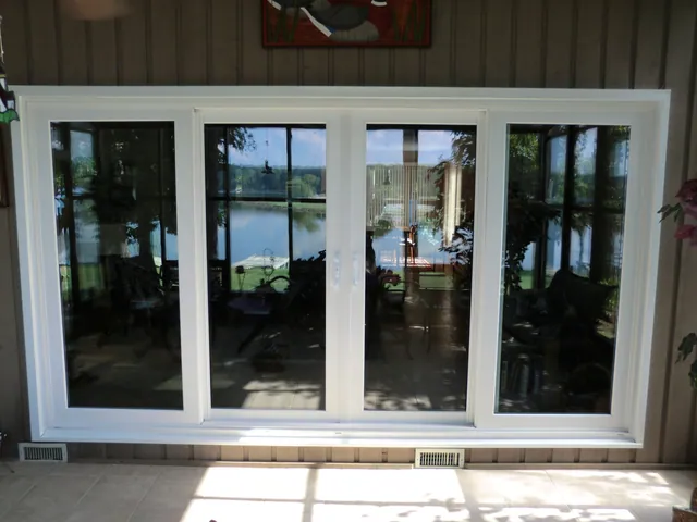 Wide multi-panel window unit on a covered patio