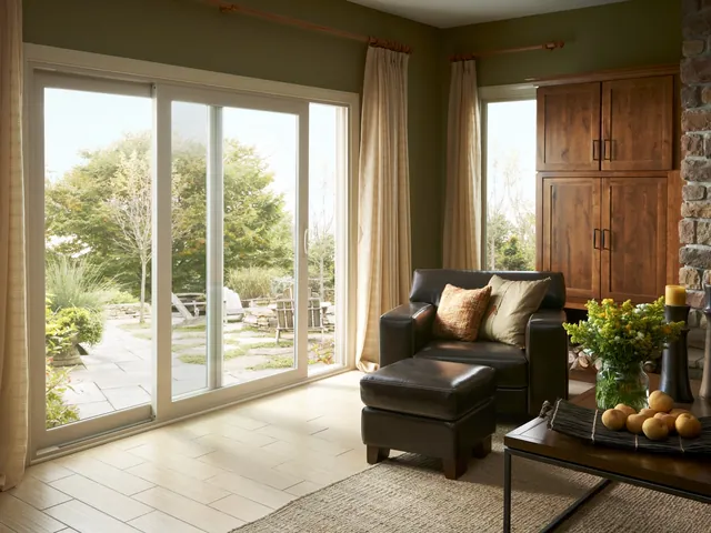 Sliding glass door in a living room with curtains drawn back