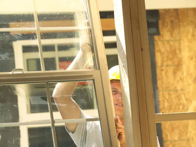 Installer lifting a new window into a prepared opening